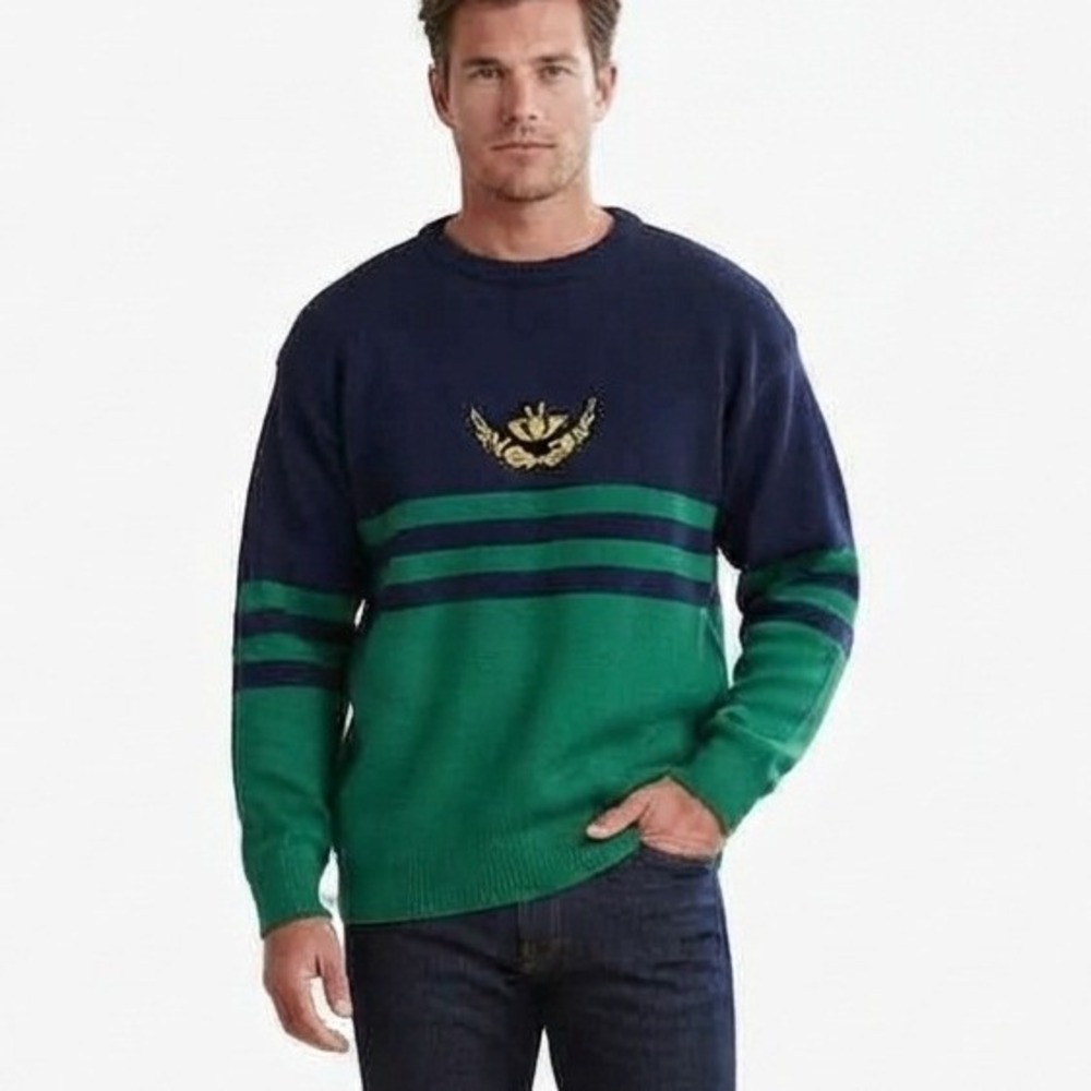 Emerald Isle Sweater Navy Green Striped Claddagh Embroidered Ireland Celtic XXL
